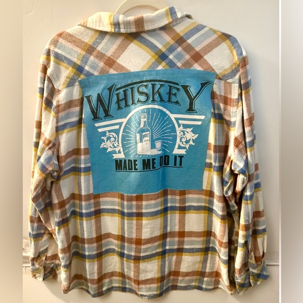 Whiskey made me do it funny drinking tshirt upcycled flannel shirt XXL